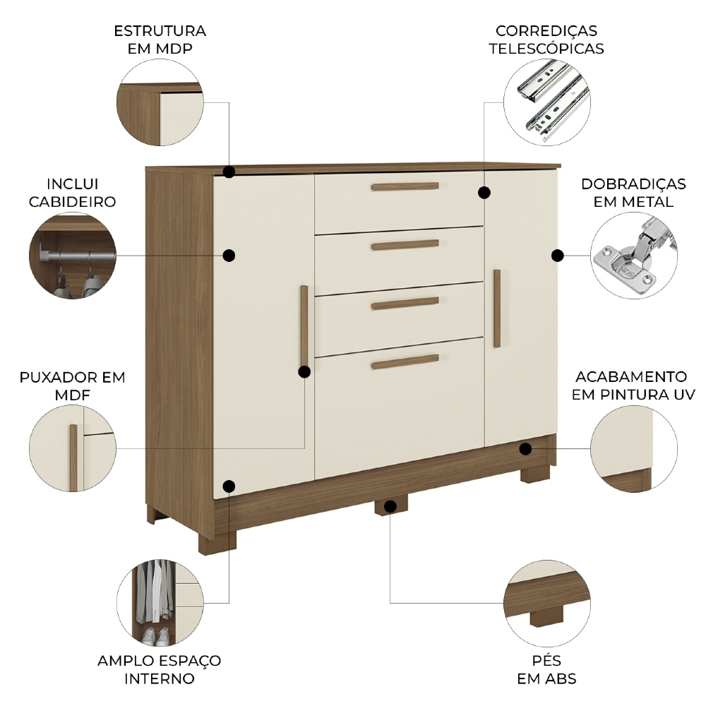 Cômoda Quarto 130cm 4 Gavetas 2 Portas Com Pés Castro Jatobá/Areia S01 - Mpozenato