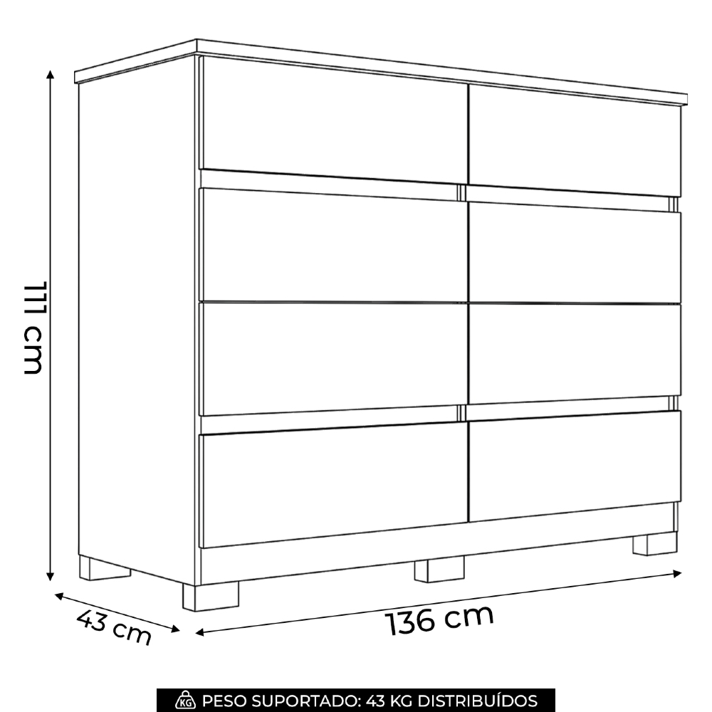 Cômoda Quarto 136cm 8 Gavetas Morin Jatobá/Areia S01 - Mpozenato