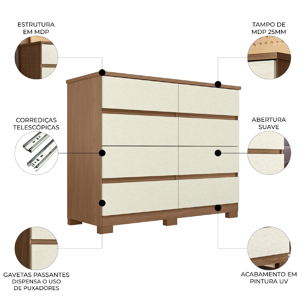 Cômoda Quarto 136cm 8 Gavetas Morin Jatobá/Areia S01 - Mpozenato