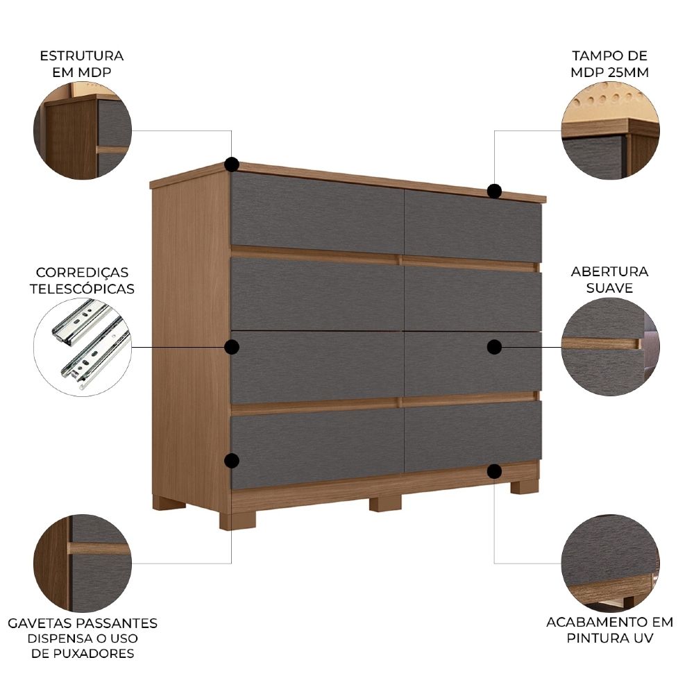 Cômoda Quarto 136cm 8 Gavetas Morin Jatobá/Grafite S01 - Mpozenato