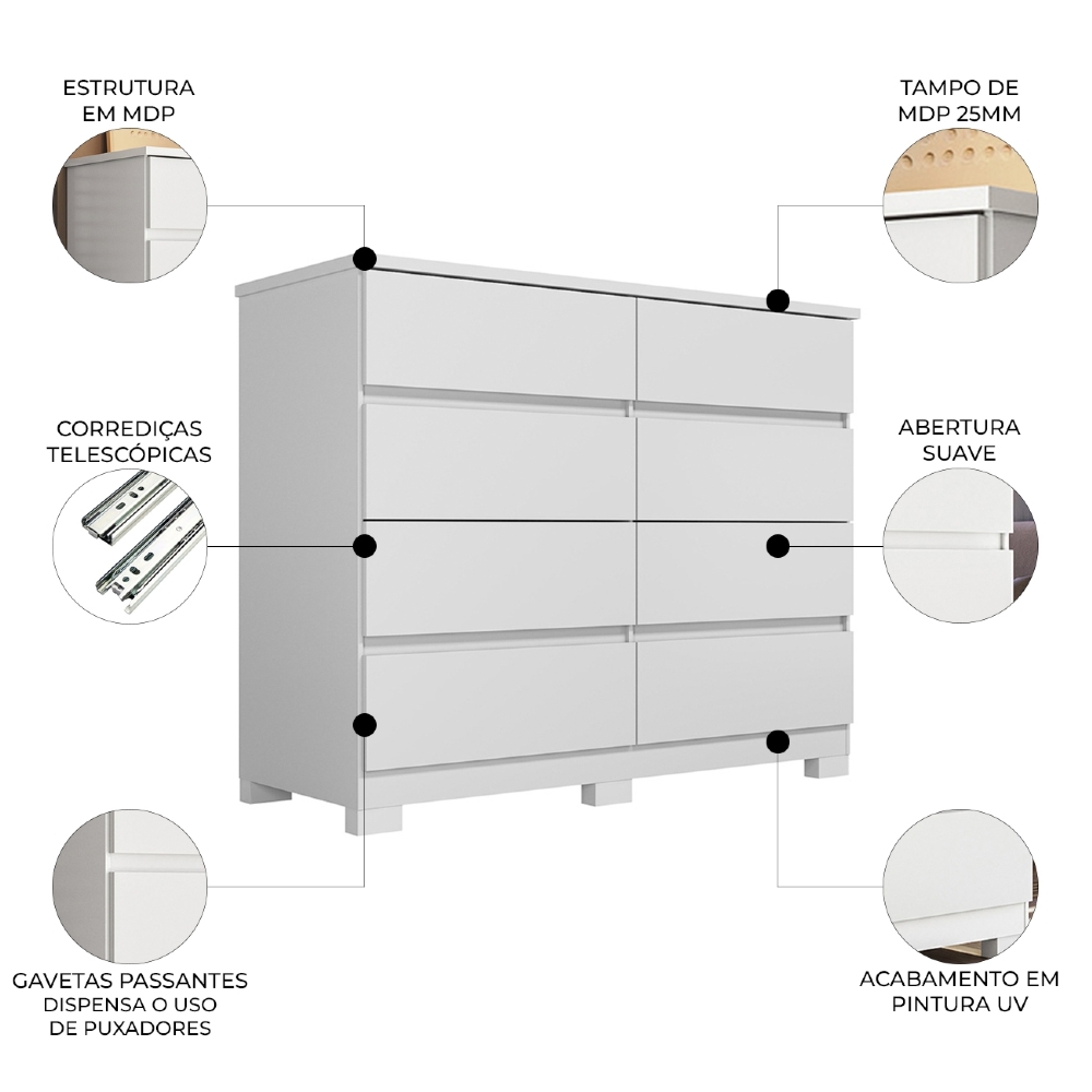 Cômoda Quarto 136cm 8 Gavetas Morin Branco S01 - Mpozenato