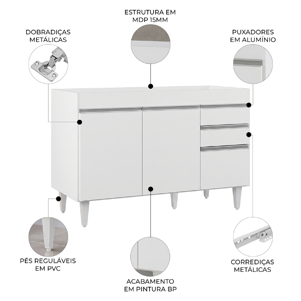 Balcão Gabinete 120cm 3 Portas 2 Gavetas Michigan Branco - Lumil