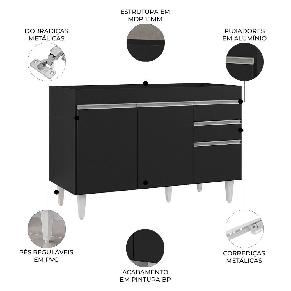 Balcão Gabinete 120cm 3 Portas 2 Gavetas Michigan Preto - Lumil
