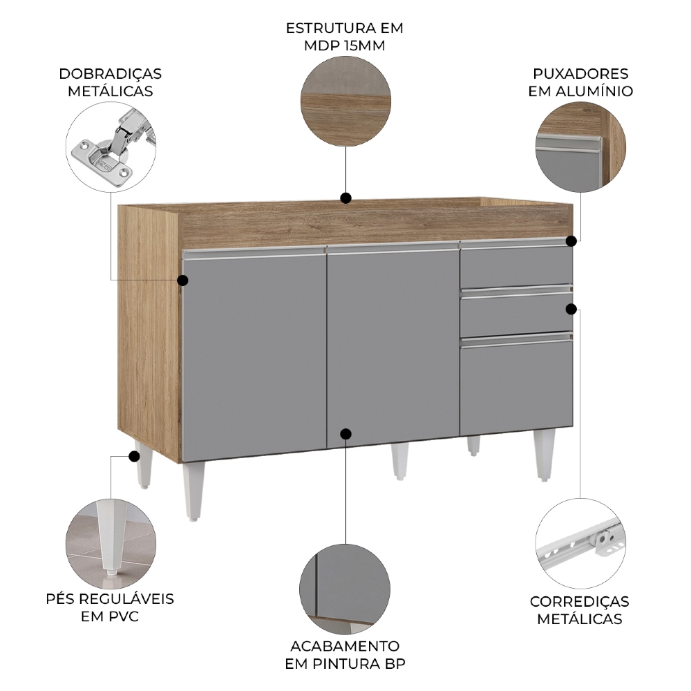 Balcão Gabinete 120cm 3 Portas 2 Gavetas Michigan Castanho/Cinza - Lumil