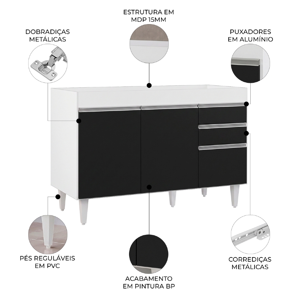 Balcão Gabinete 120cm 3 Portas 2 Gavetas Michigan Branco/Preto - Lumil