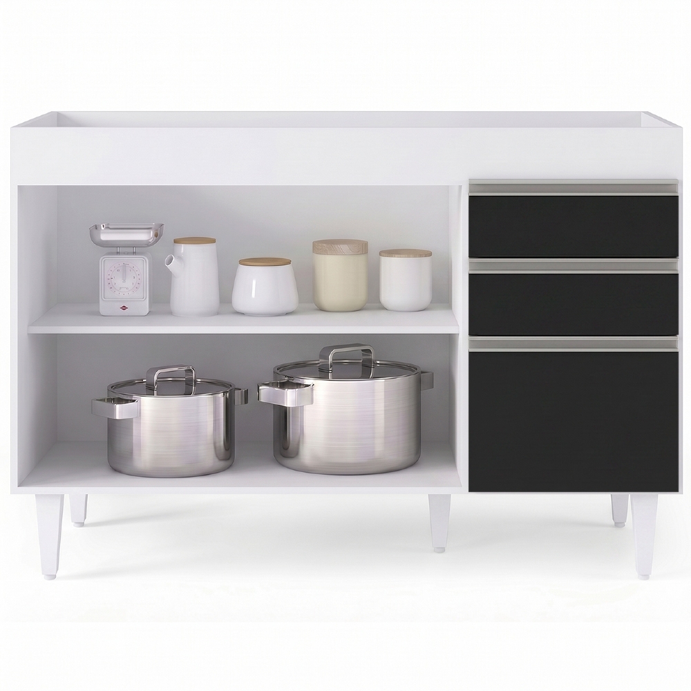 Balcão Gabinete 120cm 3 Portas 2 Gavetas Michigan Branco/Preto - Lumil