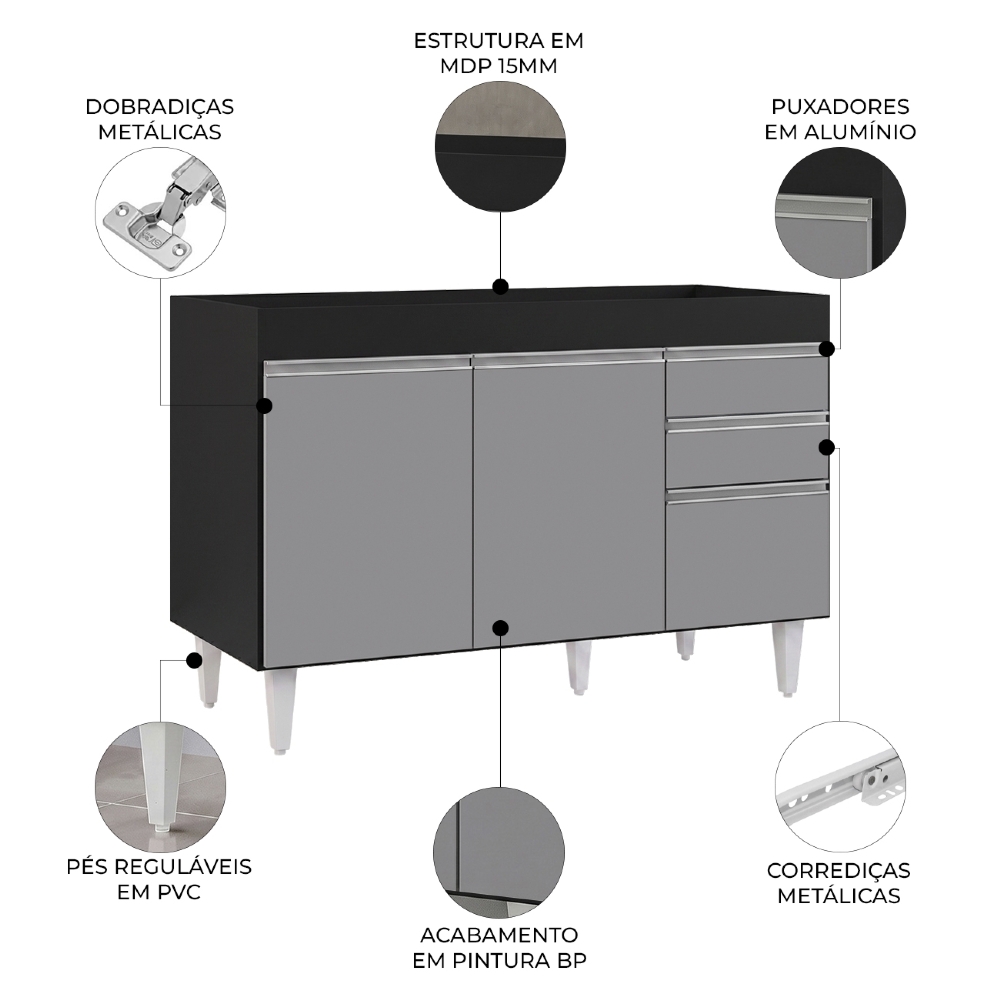 Balcão Gabinete 120cm 3 Portas 2 Gavetas Michigan Preto/Cinza - Lumil
