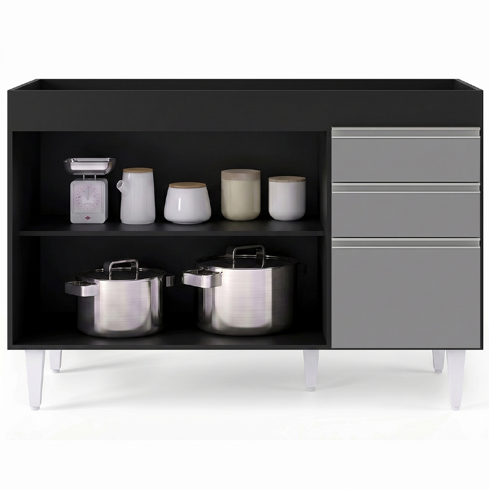 Balcão Gabinete 120cm 3 Portas 2 Gavetas Michigan Preto/Cinza - Lumil