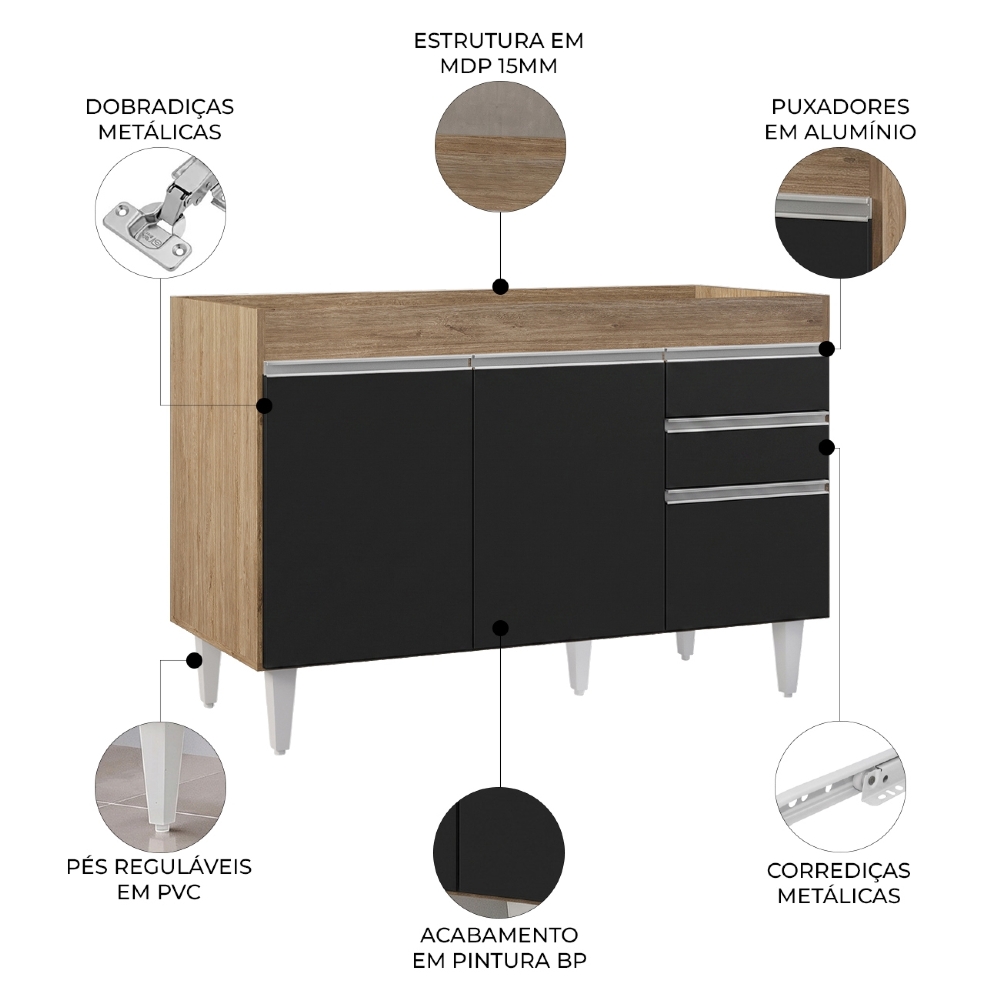 Balcão Gabinete 120cm 3 Portas 2 Gavetas Michigan Castanho/Preto - Lumil