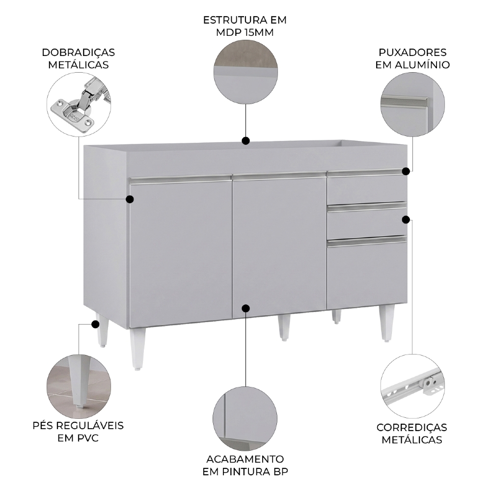Balcão de Cozinha Para Pia 120cm 3 Portas Sem Tampo Michigan Cinza Claro - Lumil
