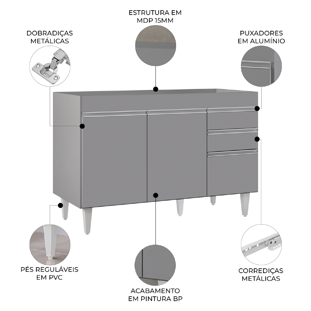 Balcão de Cozinha Para Pia 120cm Sem Tampo Michigan Cinza   - Lumil