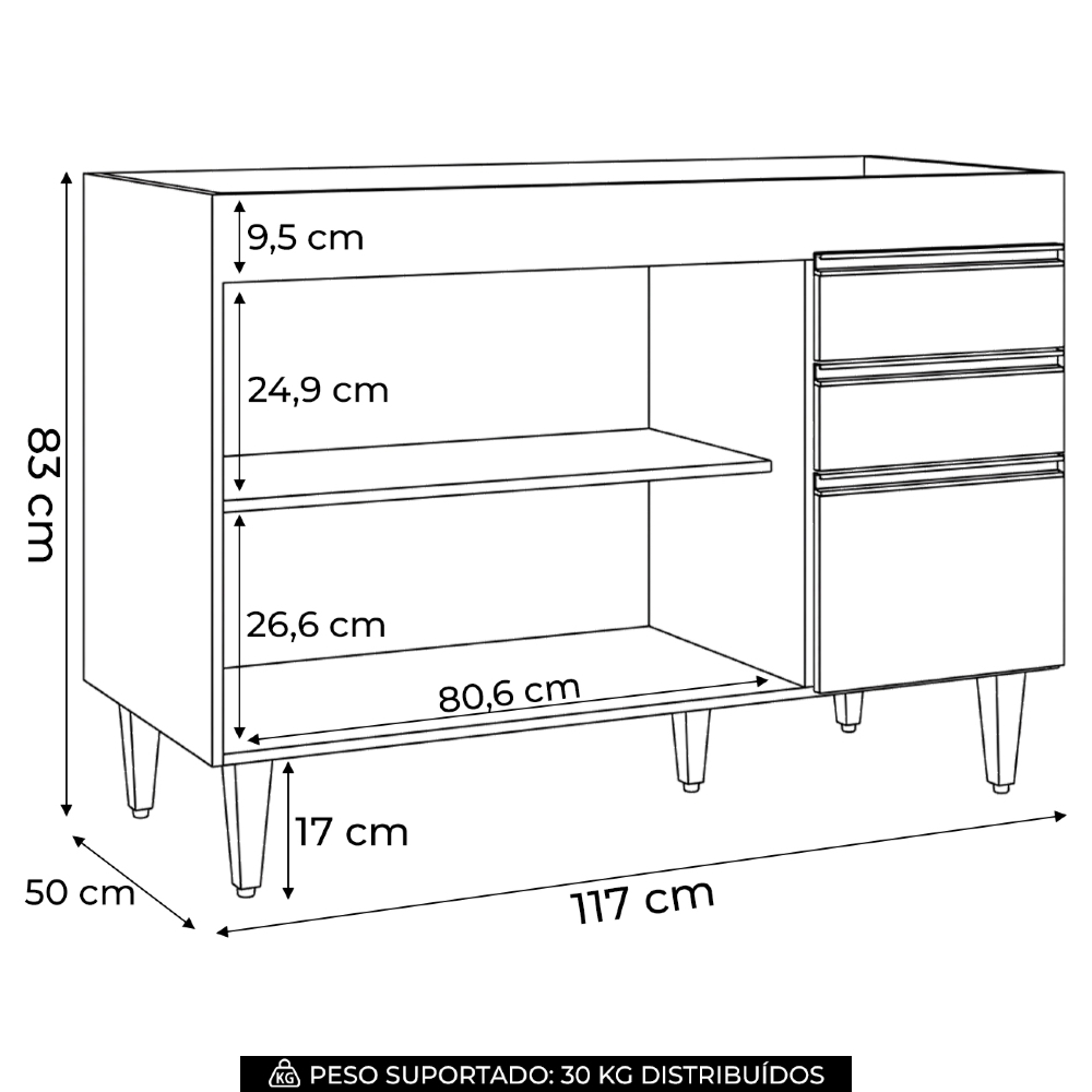 Balcão de Cozinha Para Pia 120cm Sem Tampo Michigan Cinza   - Lumil