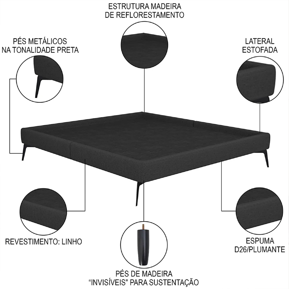 Cama Casal Queen 165cm Pés Metálicos Elisa S05 Linho Preto - Mpozenato