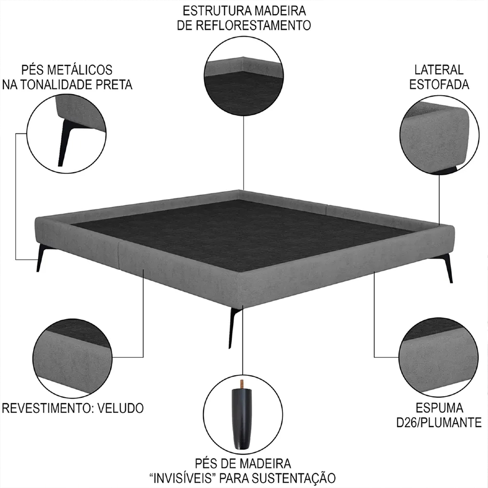 Cama Casal Queen 165cm Pés Metálicos Elisa S05 Veludo Cinza - Mpozenato