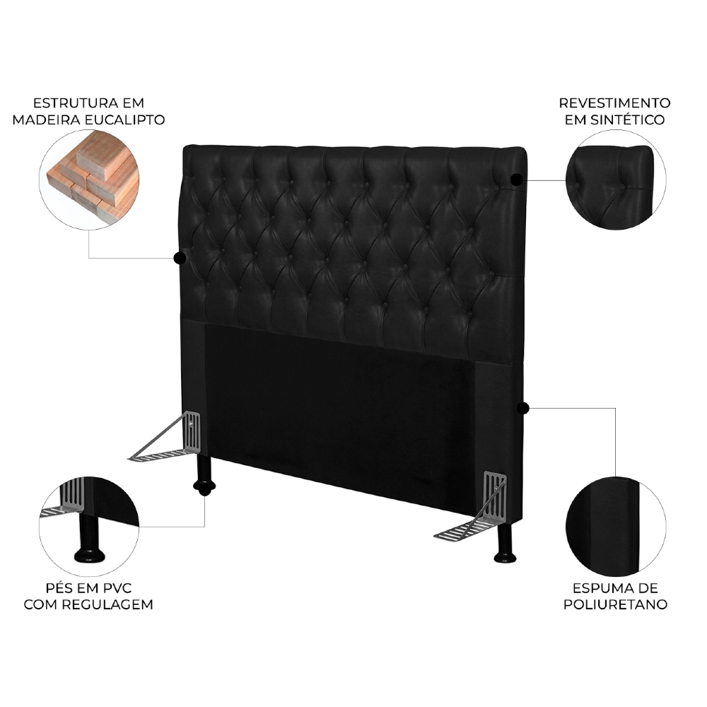 Cabeceira Cama Box Casal 140cm Cristal Sintético Preto - MV Estofados