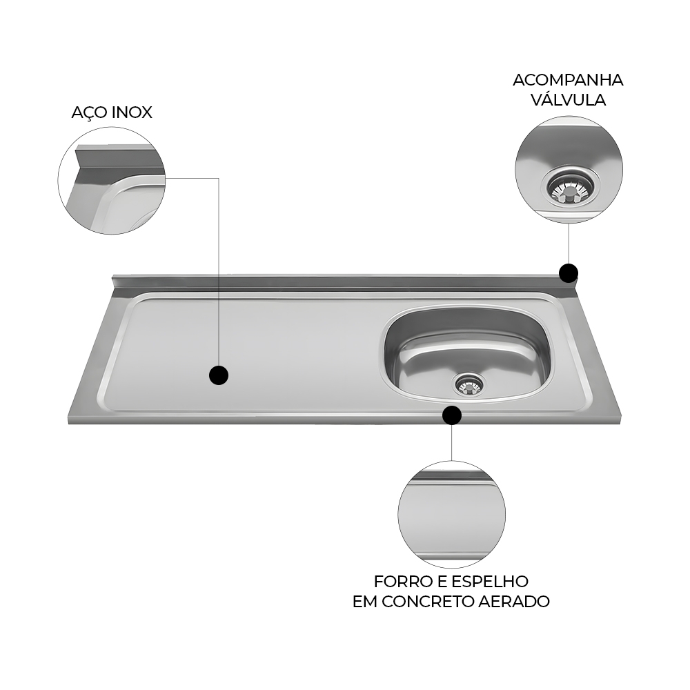 Pia de Cozinha com Cuba Deslocada Direita Ávila 120cm Aço Inox G01 - Mpozenato