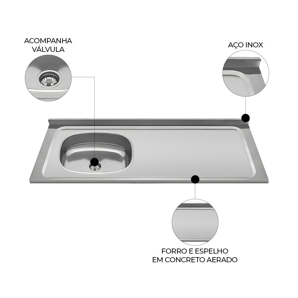 Pia de Cozinha com Cuba Deslocada Esquerda Ávila 120cm Aço Inox G01 - Mpozenato