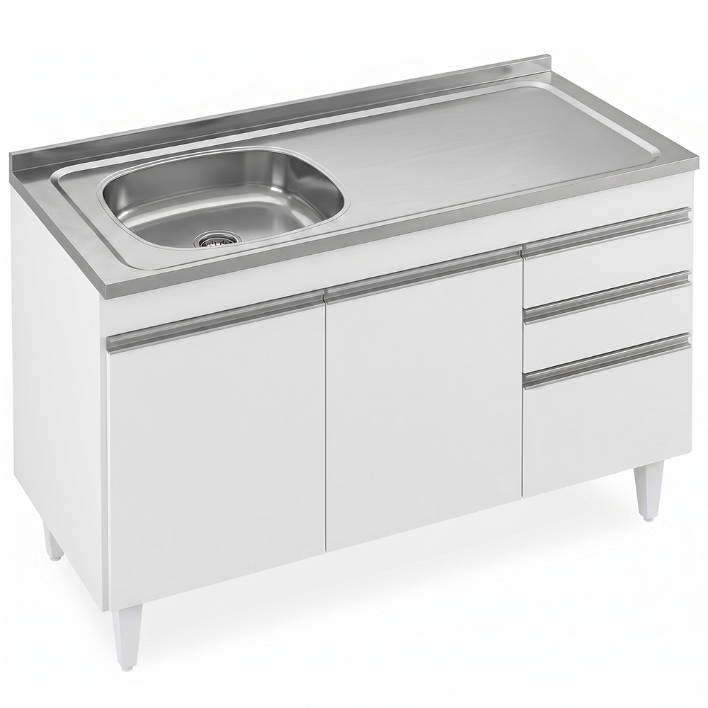 Balcão de Cozinha Com Pia Inox Deslocada 120cm Ávila Branco L03 - Mpozenato