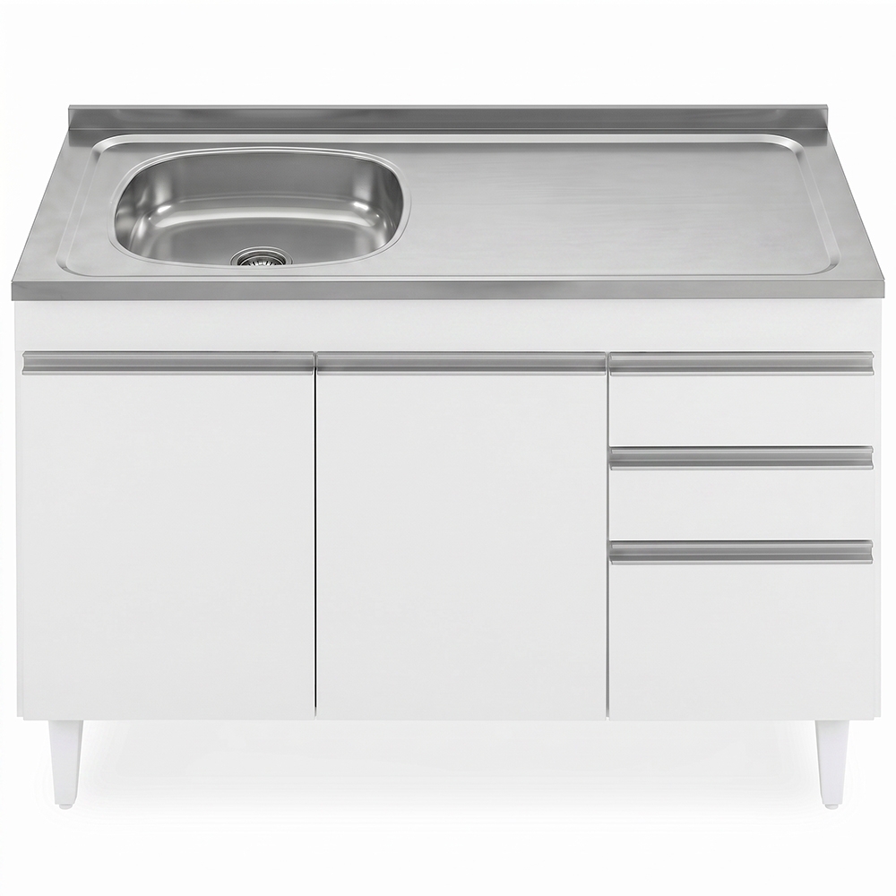 Balcão de Cozinha Com Pia Inox Deslocada 120cm Ávila Branco L03 - Mpozenato