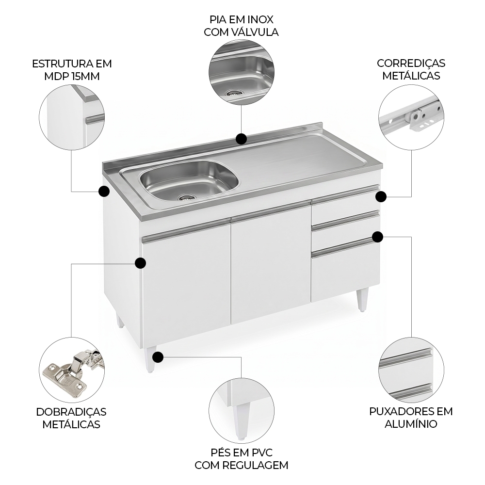 Balcão de Cozinha Com Pia Inox Deslocada 120cm Ávila Branco L03 - Mpozenato