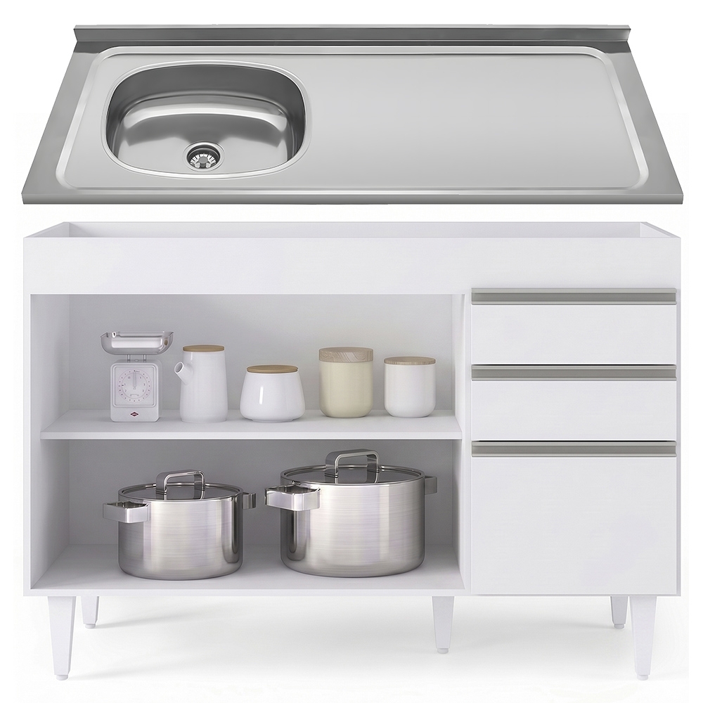 Balcão de Cozinha Com Pia Inox Deslocada 120cm Ávila Branco L03 - Mpozenato