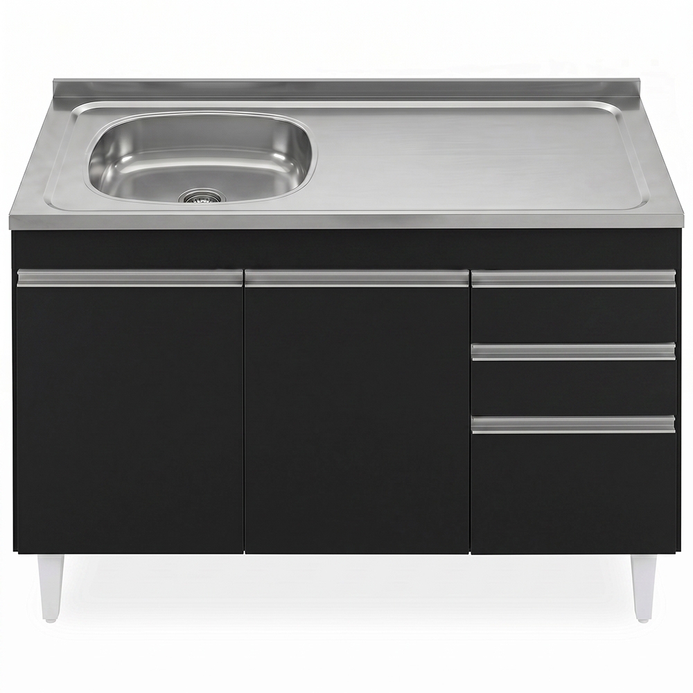 Balcão de Cozinha Com Pia Inox Deslocada 120cm Ávila Preto L03 - Mpozenato