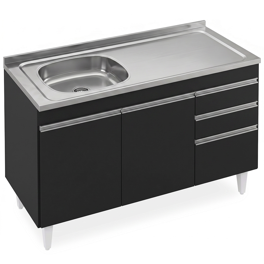 Balcão de Cozinha Com Pia Inox Deslocada 120cm Ávila Preto L03 - Mpozenato