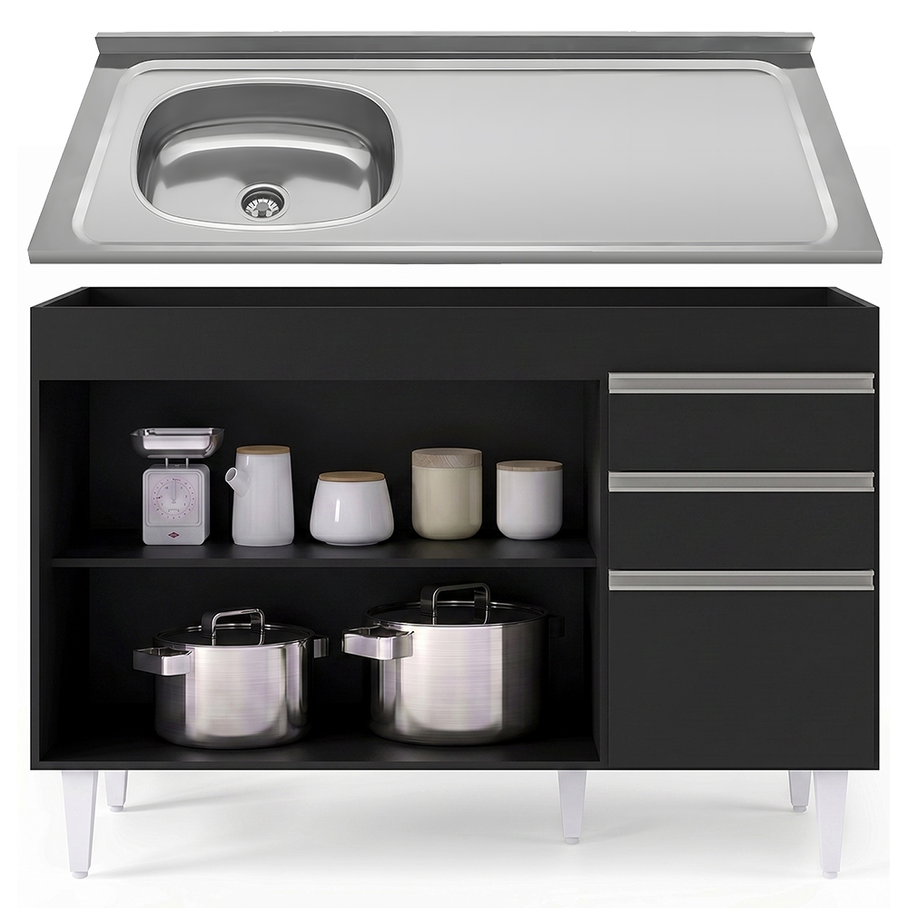 Balcão de Cozinha Com Pia Inox Deslocada 120cm Ávila Preto L03 - Mpozenato