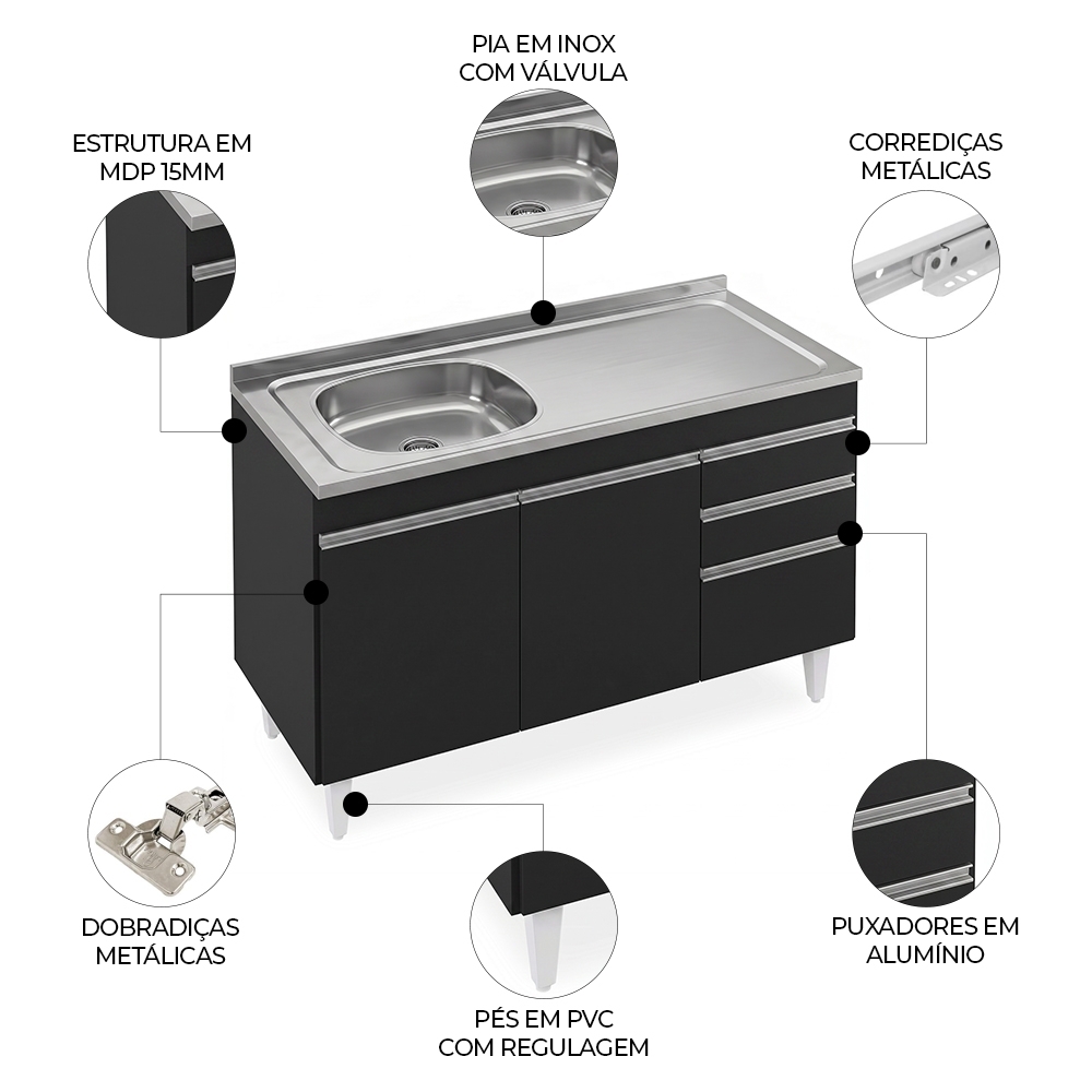 Balcão de Cozinha Com Pia Inox Deslocada 120cm Ávila Preto L03 - Mpozenato