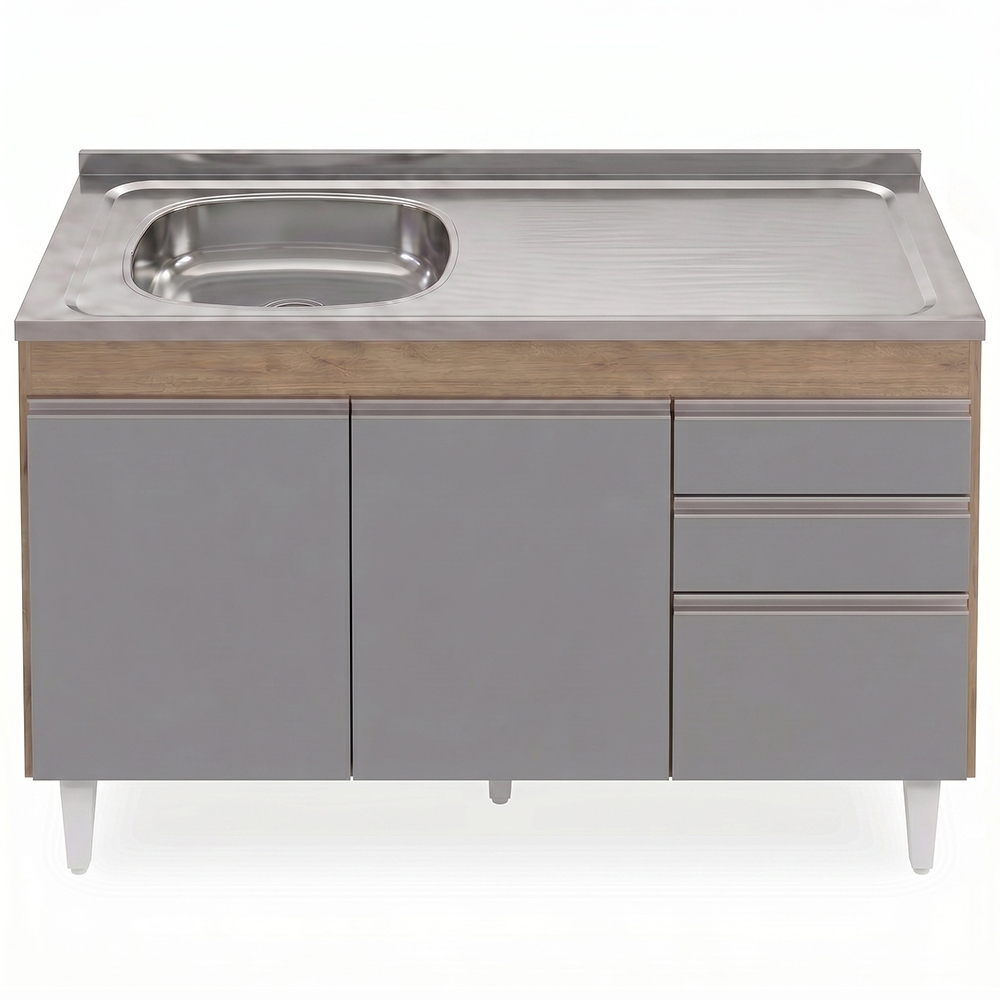 Balcão de Cozinha Com Pia Inox Deslocada 120cm Ávila Castanho/Cinza L03 - Mpozenato