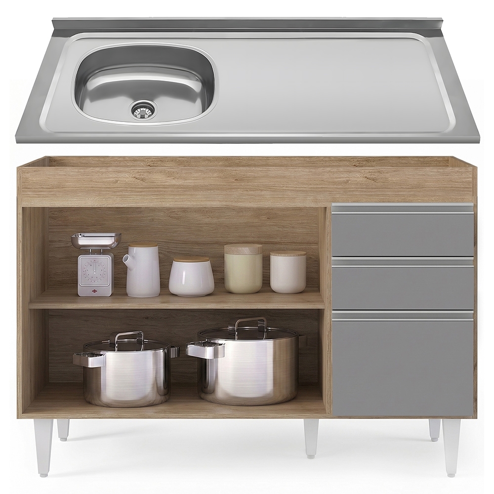 Balcão de Cozinha Com Pia Inox Deslocada 120cm Ávila Castanho/Cinza L03 - Mpozenato