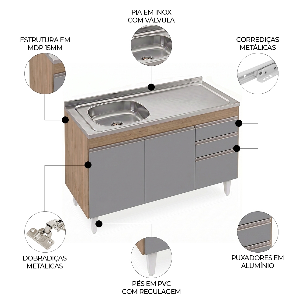 Balcão de Cozinha Com Pia Inox Deslocada 120cm Ávila Castanho/Cinza L03 - Mpozenato