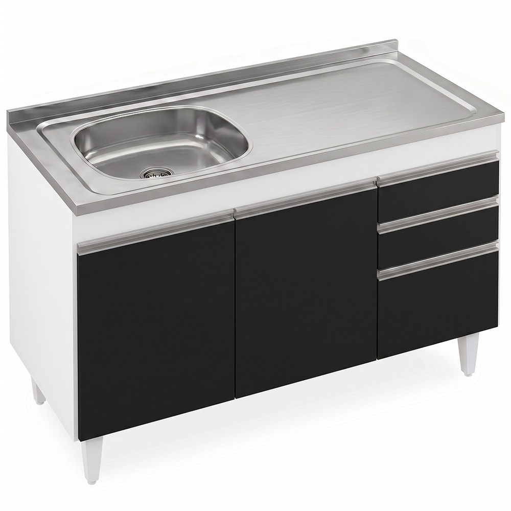 Balcão de Cozinha Com Pia Inox Deslocada 120cm Ávila Branco/Preto L03 - Mpozenato