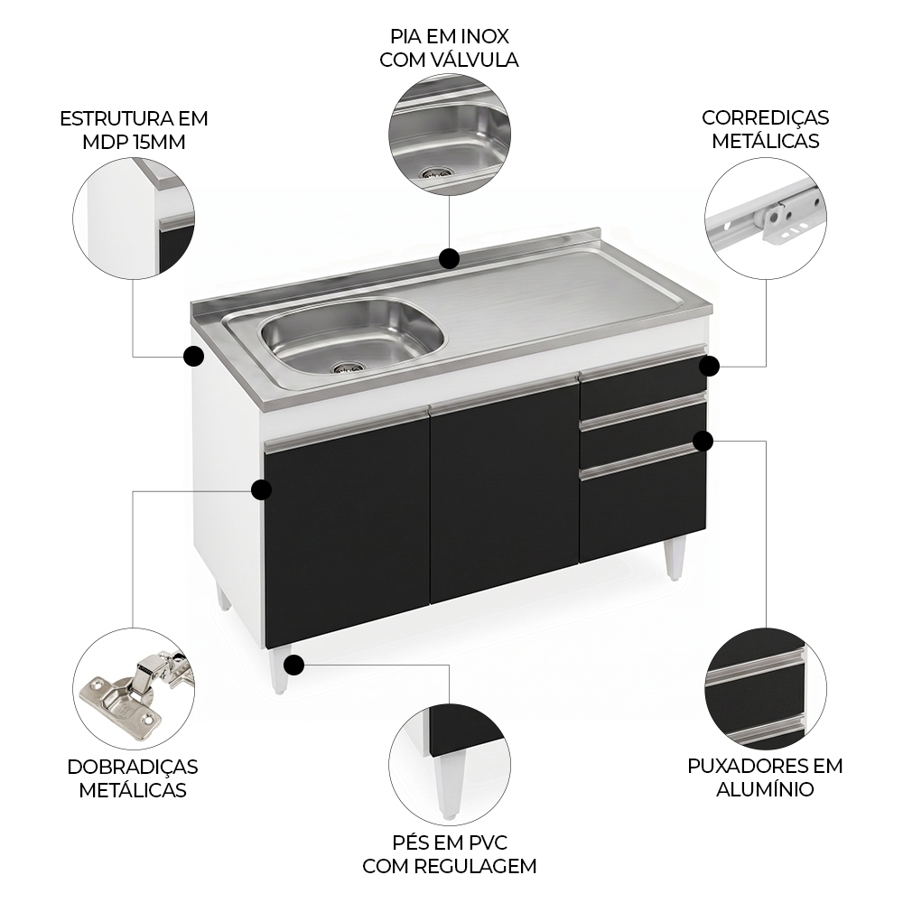 Balcão de Cozinha Com Pia Inox Deslocada 120cm Ávila Branco/Preto L03 - Mpozenato
