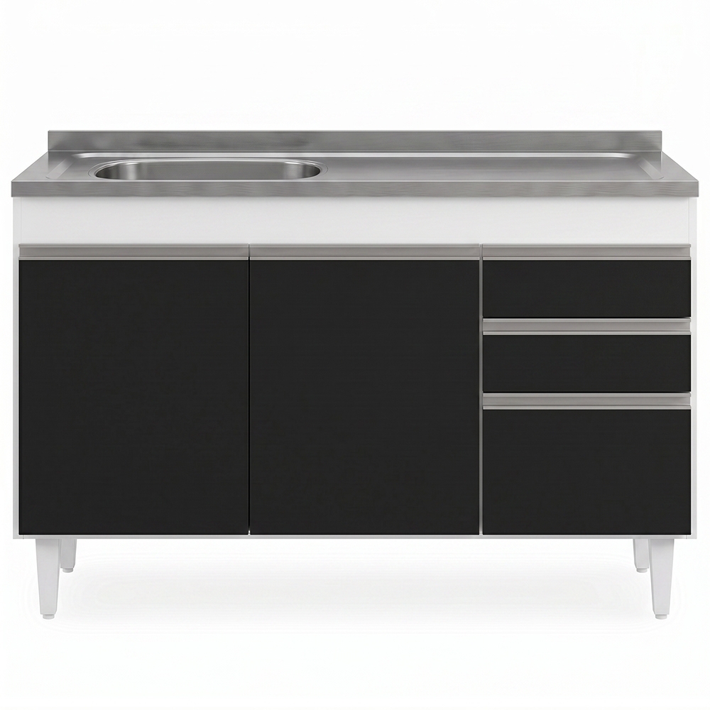 Balcão de Cozinha Com Pia Inox Deslocada 120cm Ávila Branco/Preto L03 - Mpozenato