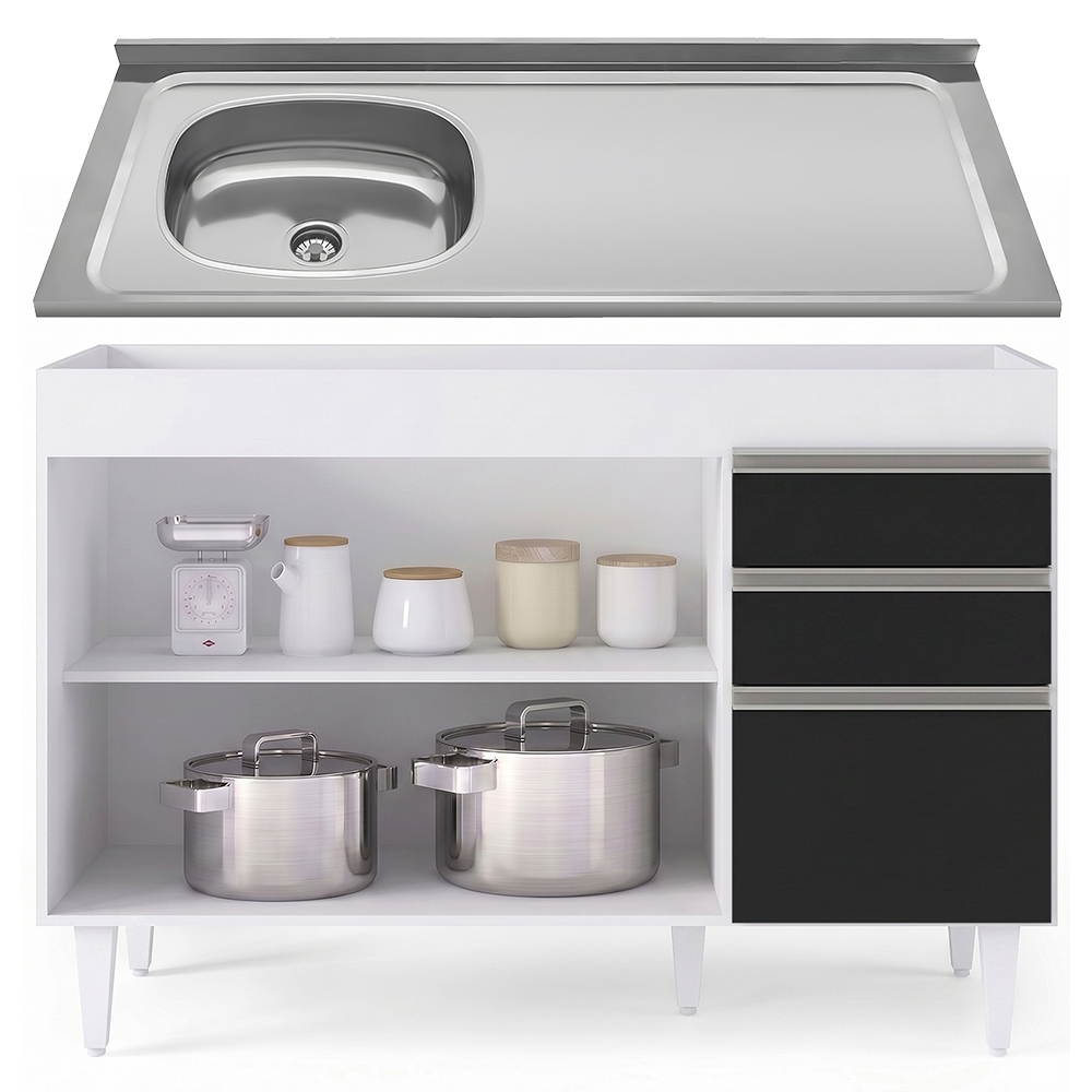 Balcão de Cozinha Com Pia Inox Deslocada 120cm Ávila Branco/Preto L03 - Mpozenato