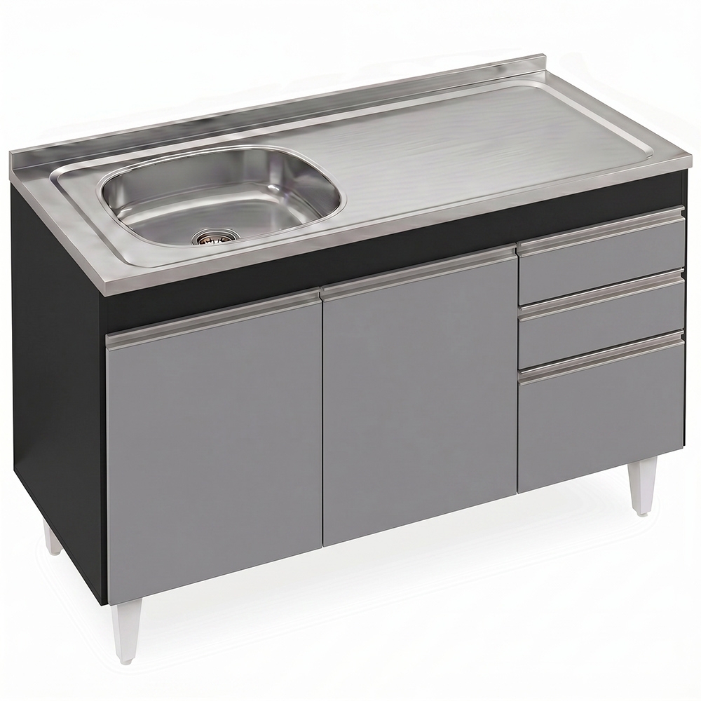 Balcão de Cozinha Com Pia Inox Deslocada 120cm Ávila Preto/Cinza L03 - Mpozenato