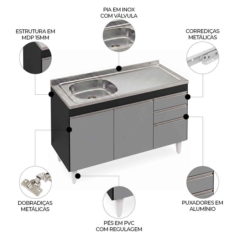 Balcão de Cozinha Com Pia Inox Deslocada 120cm Ávila Preto/Cinza L03 - Mpozenato