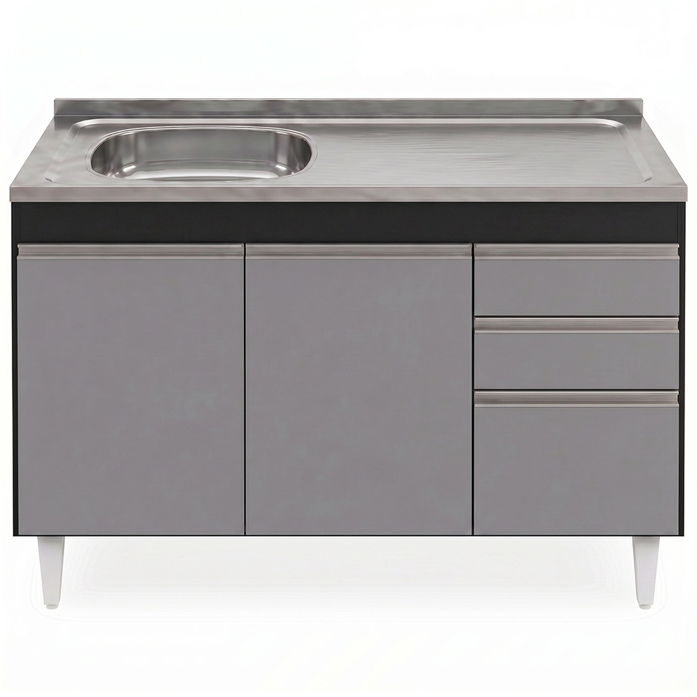 Balcão de Cozinha Com Pia Inox Deslocada 120cm Ávila Preto/Cinza L03 - Mpozenato