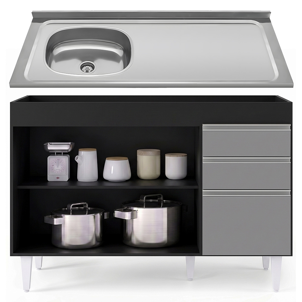 Balcão de Cozinha Com Pia Inox Deslocada 120cm Ávila Preto/Cinza L03 - Mpozenato
