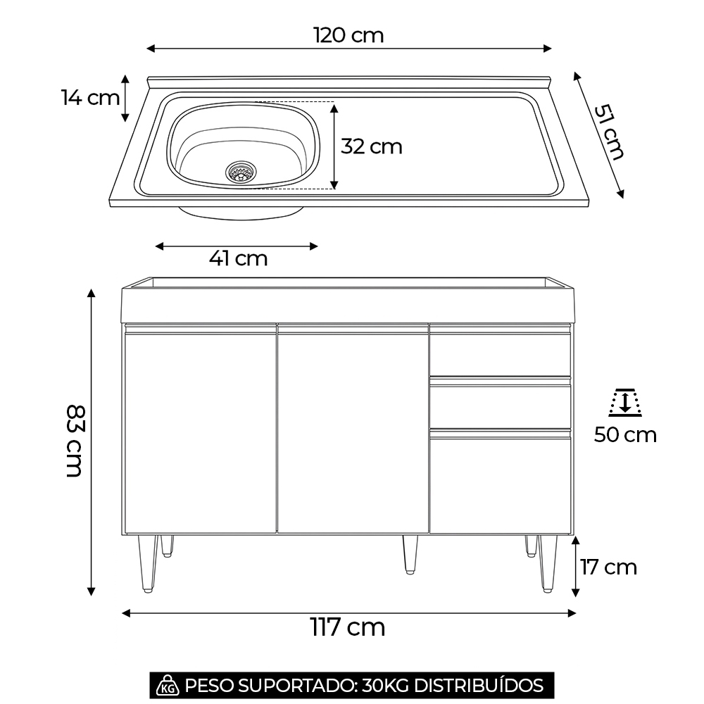 Balcão de Cozinha Com Pia Inox Deslocada 120cm Ávila Preto/Cinza L03 - Mpozenato
