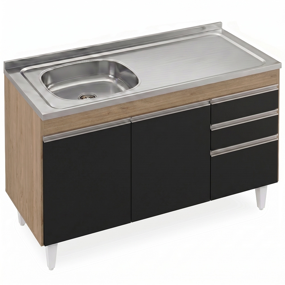 Balcão Cozinha Com Pia Inox Deslocada 120cm Ávila Castanho/Preto L03 - Mpozenato