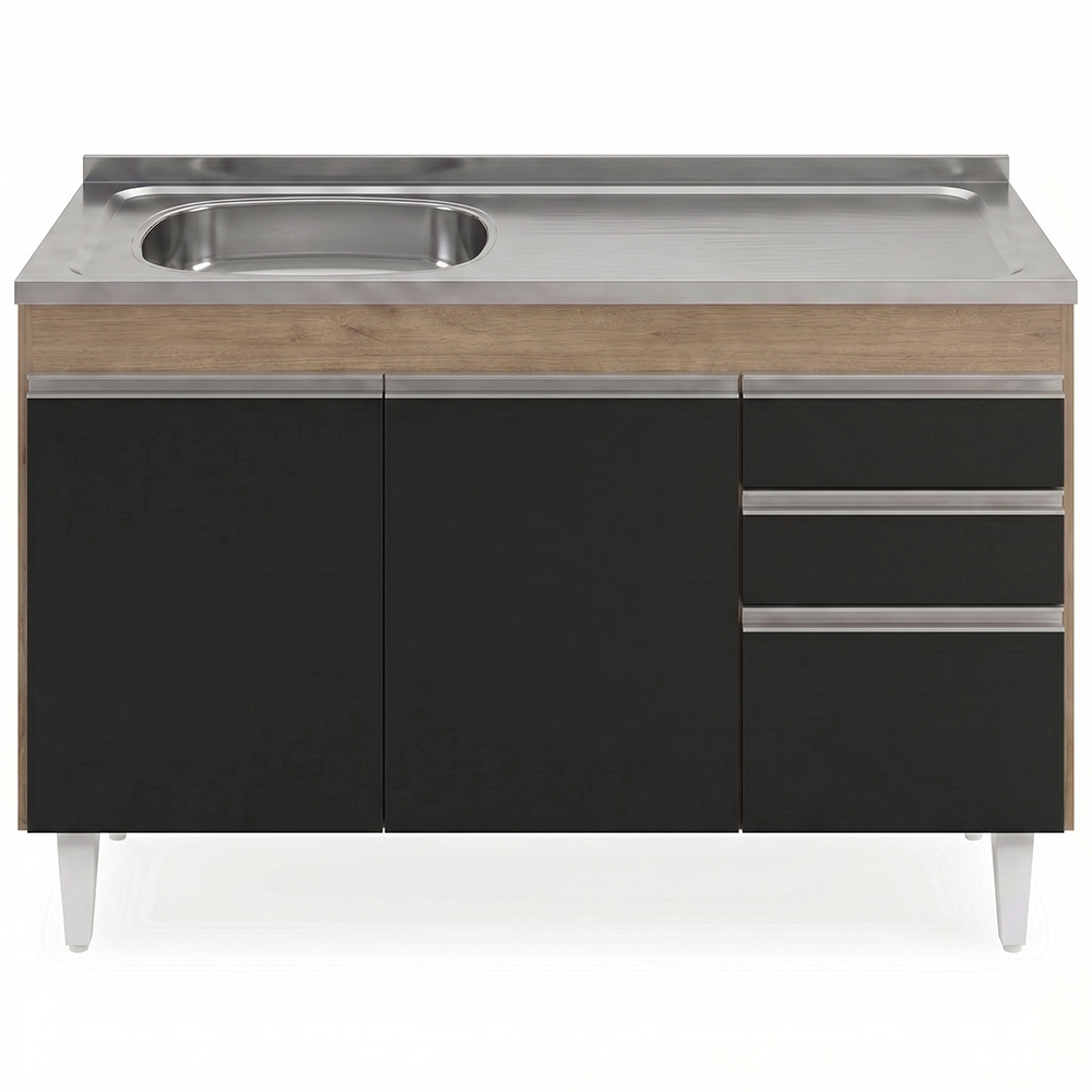 Balcão Cozinha Com Pia Inox Deslocada 120cm Ávila Castanho/Preto L03 - Mpozenato