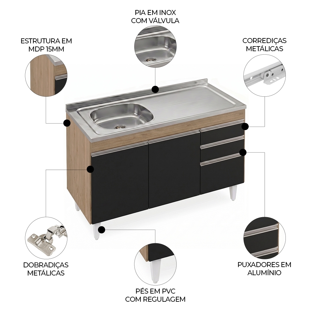 Balcão Cozinha Com Pia Inox Deslocada 120cm Ávila Castanho/Preto L03 - Mpozenato