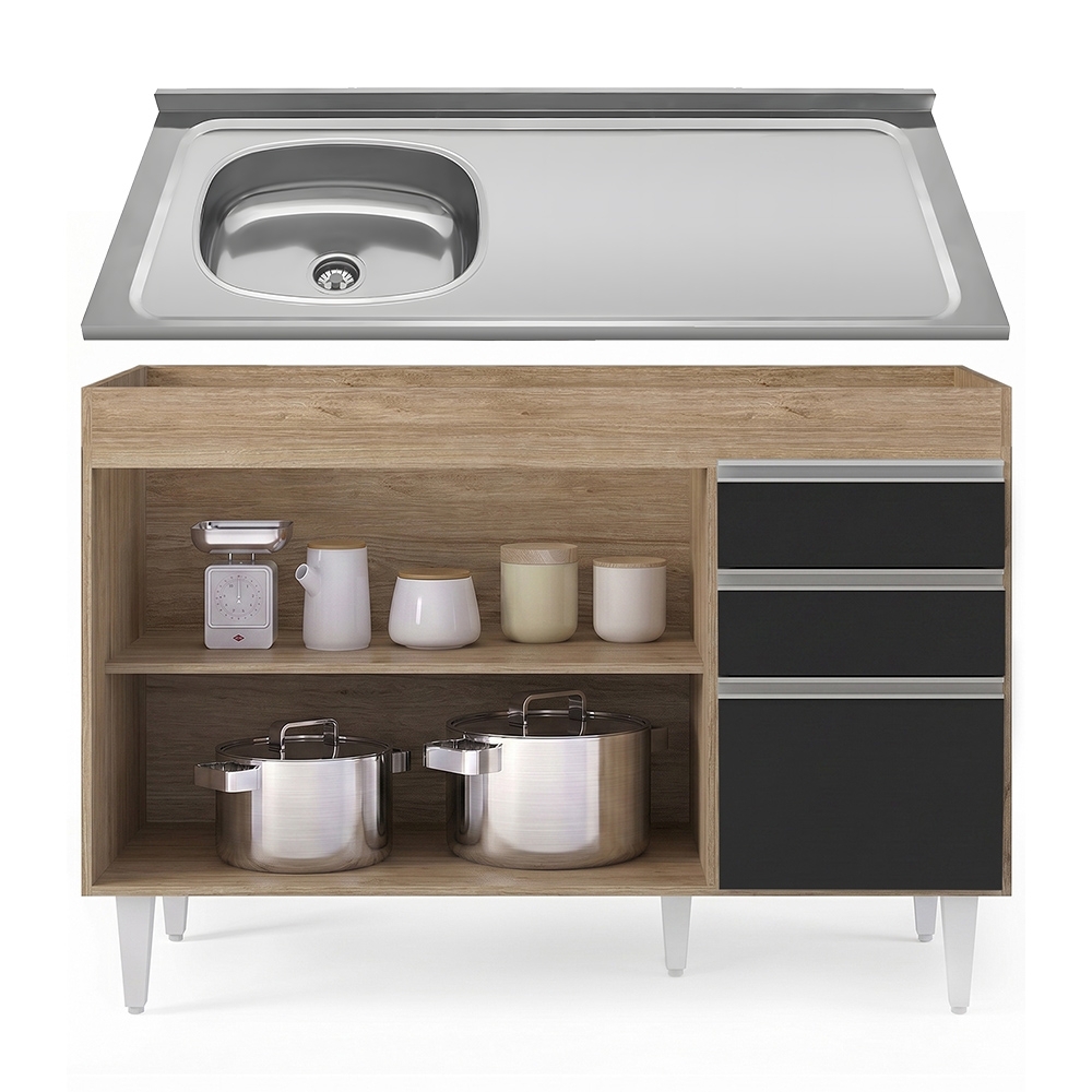Balcão Cozinha Com Pia Inox Deslocada 120cm Ávila Castanho/Preto L03 - Mpozenato