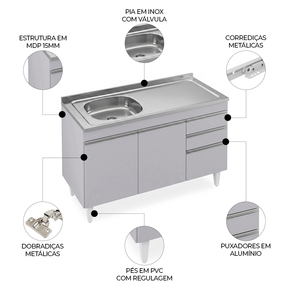 Balcão de Cozinha Com Pia Inox Deslocada 120cm Ávila Cinza Claro L03 - Mpozenato