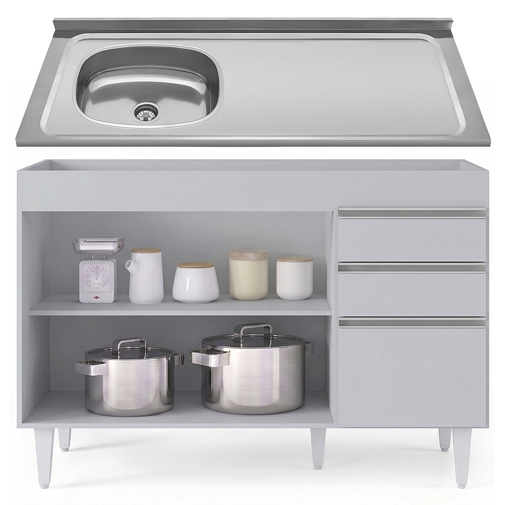 Balcão de Cozinha Com Pia Inox Deslocada 120cm Ávila Cinza Claro L03 - Mpozenato