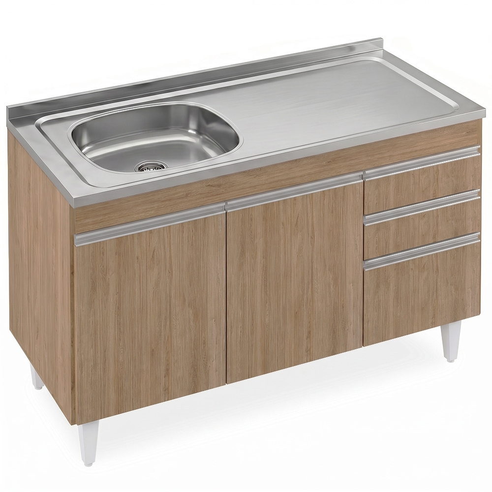 Balcão de Cozinha Com Pia Inox Deslocada 120cm Ávila Castanho L03 - Mpozenato