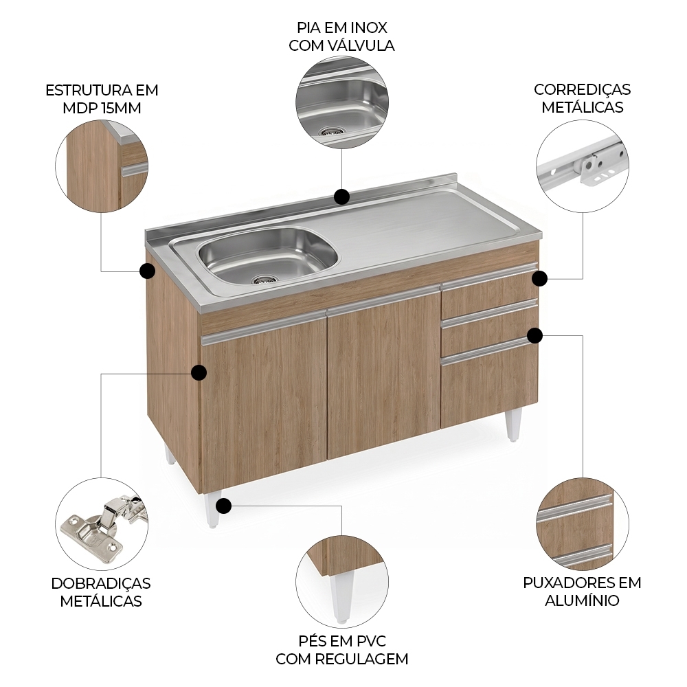 Balcão de Cozinha Com Pia Inox Deslocada 120cm Ávila Castanho L03 - Mpozenato