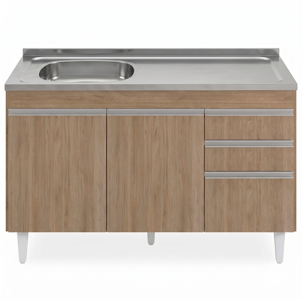 Balcão de Cozinha Com Pia Inox Deslocada 120cm Ávila Castanho L03 - Mpozenato